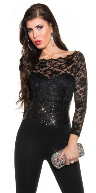 Party-jumpsuit sleeved lace and sequined Black